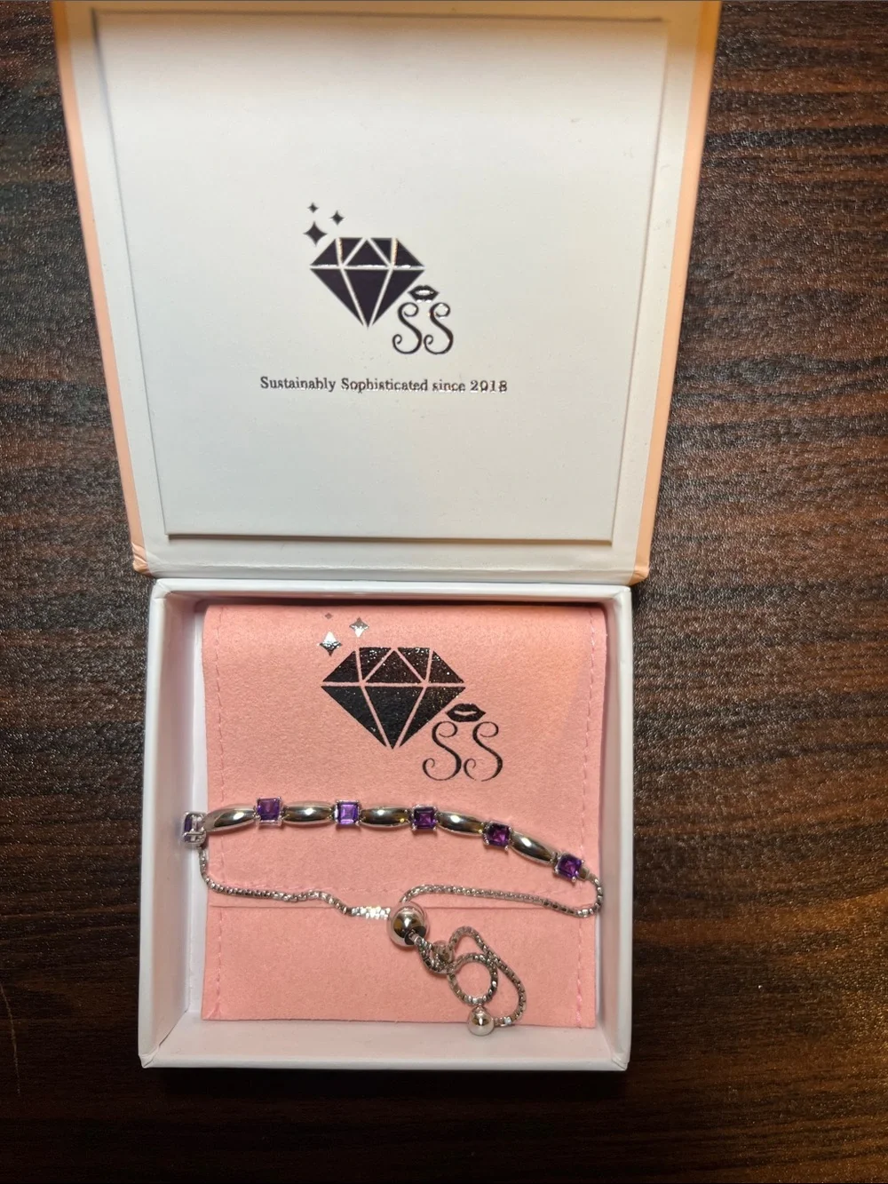 Sterling Silver Amethyst Square Gemstone Adjustable Bracelet